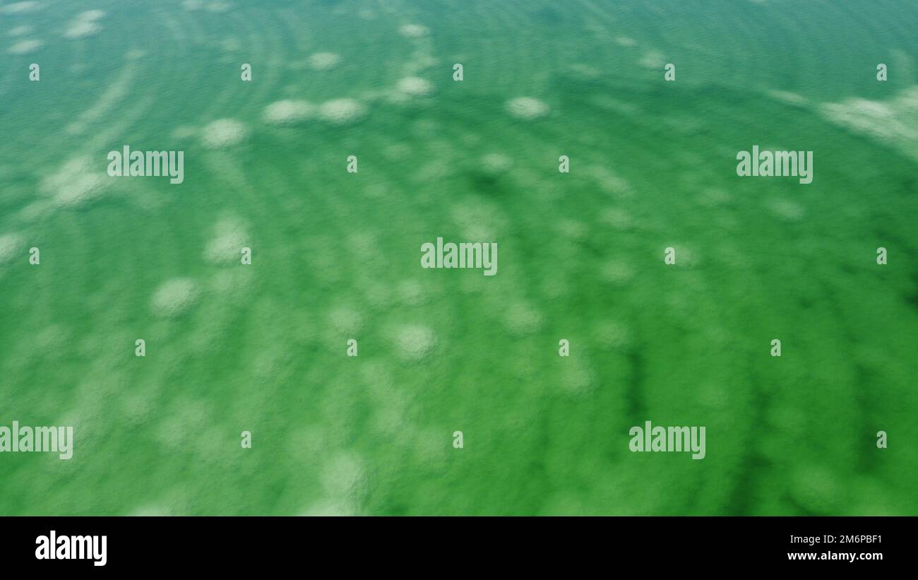 Acqua salata del mare morto di colore verde e cielo estivo limpido e soleggiato. Bellissimo paesaggio Ariel drone riprese di un paesaggio incredibile. Foto Stock