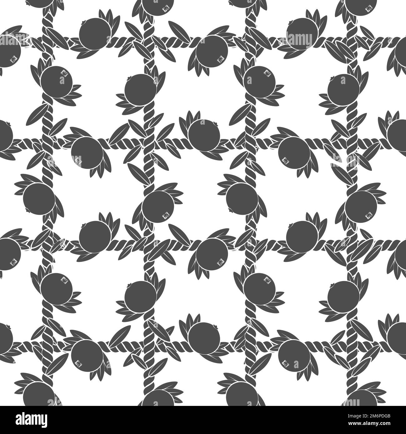 Motivo senza cuciture, rete del cordone con mirtilli rossi, mirtilli rossi. Sfondo vettoriale bianco e nero. Illustrazione Vettoriale