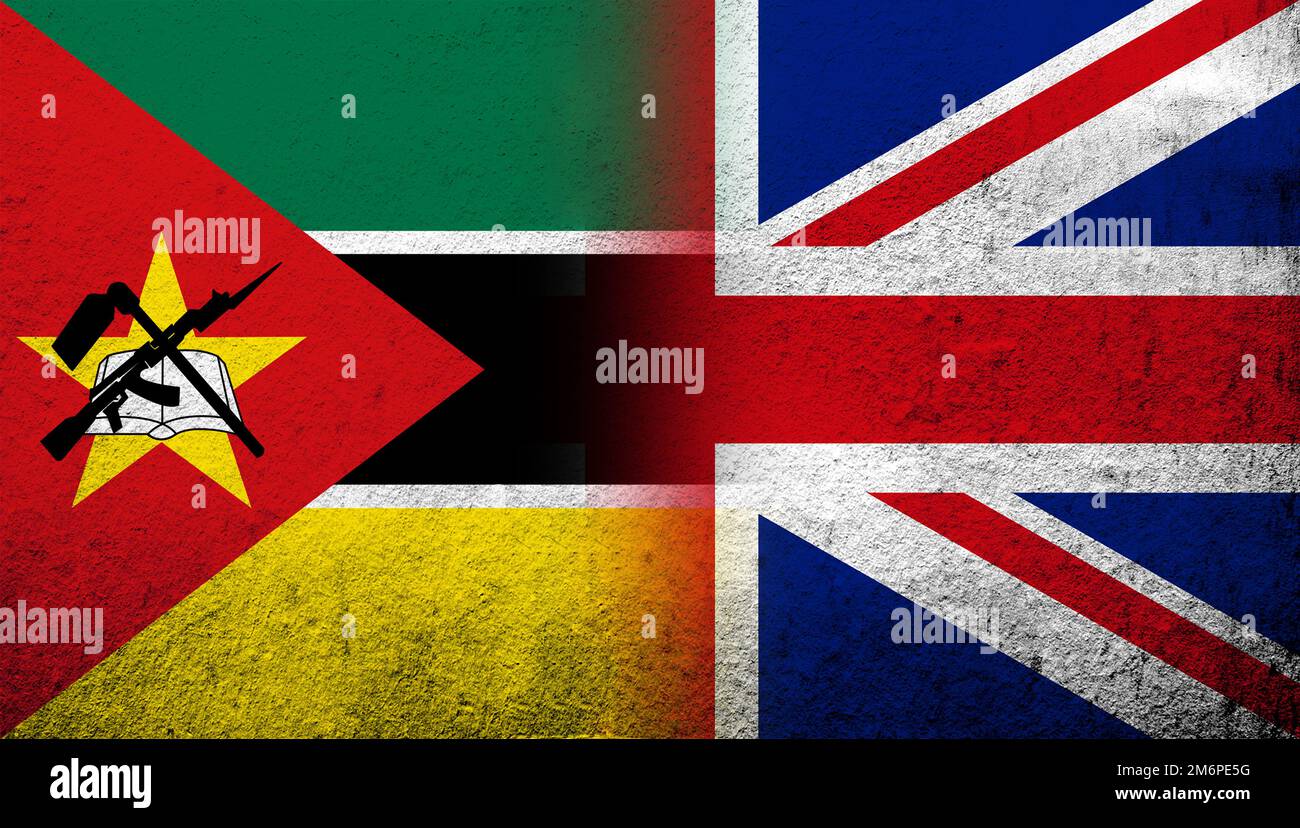Bandiera nazionale del Regno Unito (Gran Bretagna) Unione Jack con la Repubblica del Mozambico bandiera nazionale. Sfondo grunge Foto Stock