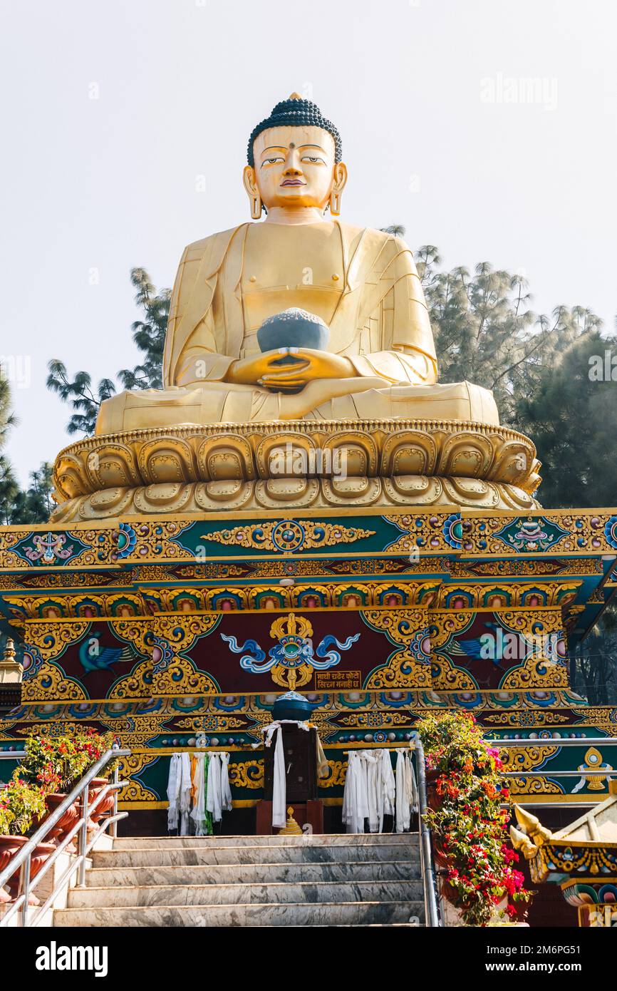 Statua del Buddha d'oro nel Parco del Buddha di Kathmandu Foto Stock