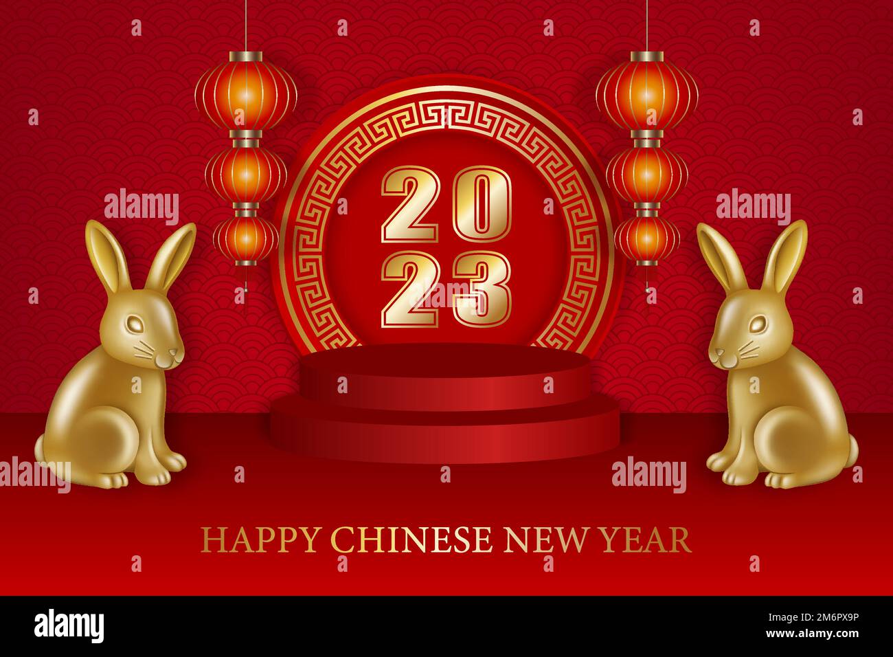 sfondo di capodanno cinese con fiori, lanterne e decorazioni. sfondo di anno di coniglio Illustrazione Vettoriale