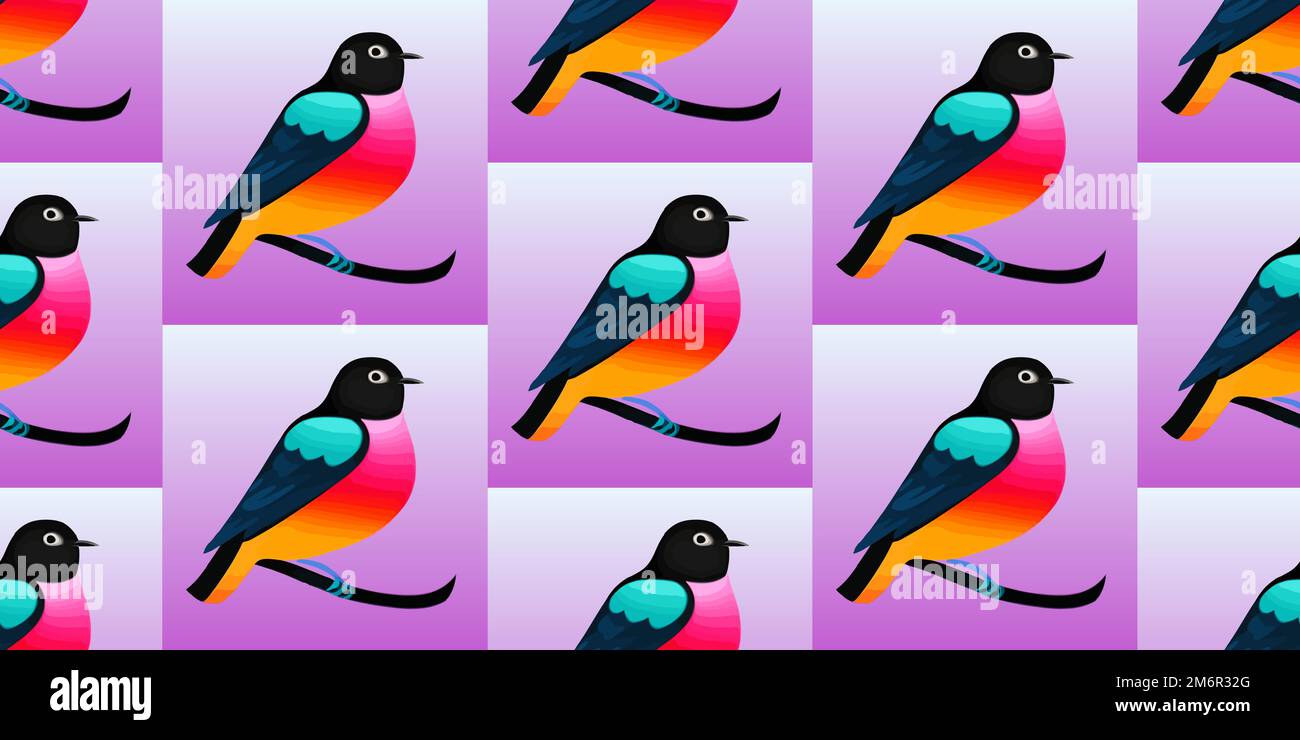 Colorati uccelli cartoni animati, disegnati a mano, pattern vettoriale senza cuciture Illustrazione Vettoriale