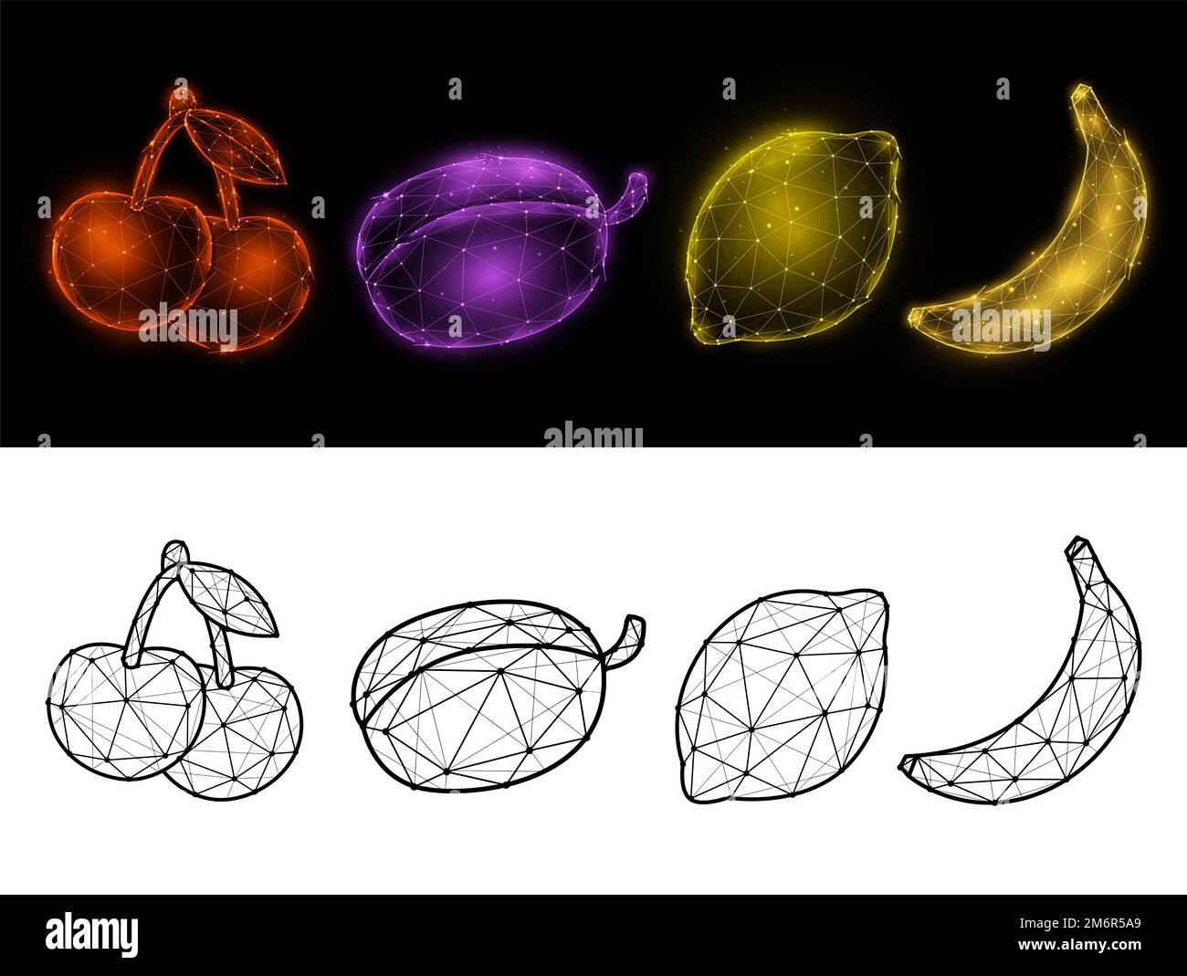 Illustrazione vettoriale poligonale di ciliegia, prugna, limone e banana isolata su sfondo bianco e nero. Set di frutta basso disegno di poli Foto Stock