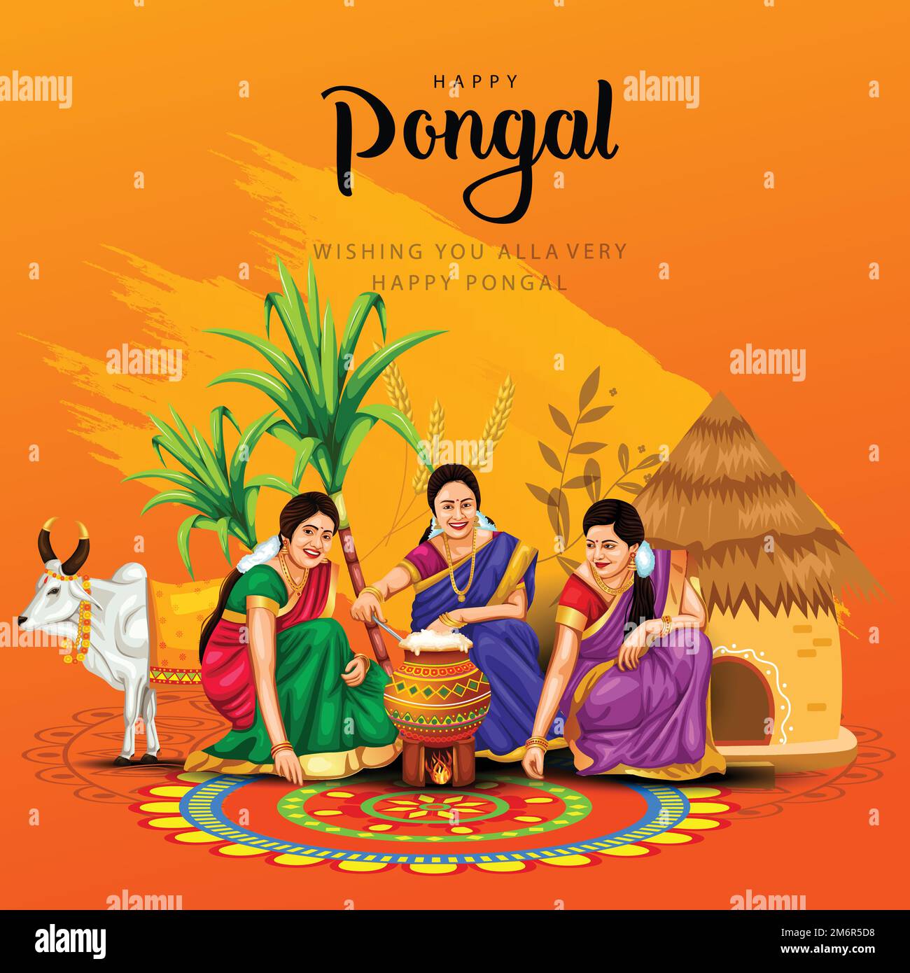 Nuova illustrazione del festival Happy Pongal Holiday Harvest di Tamil Nadu Woman's Making Pongal. disegno vettoriale dello sfondo Illustrazione Vettoriale