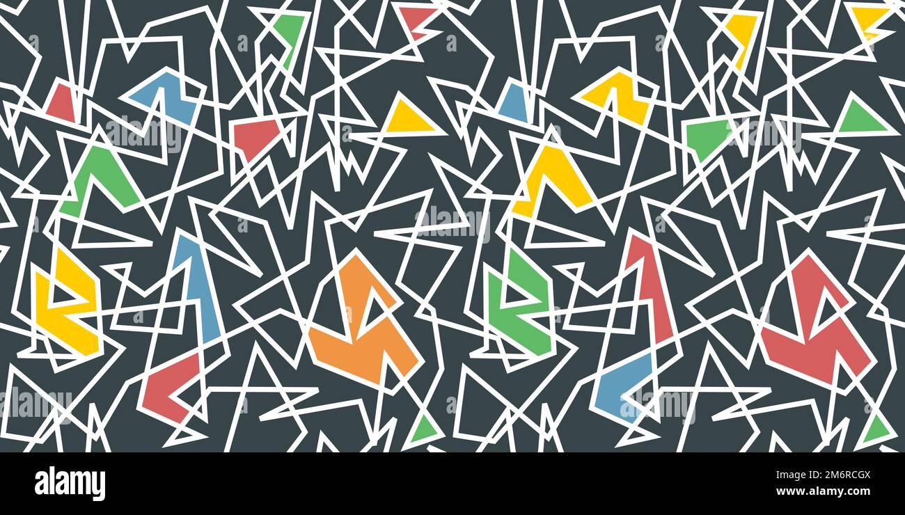 Stampa artsy moda geometrica. Disegno di disegno di disegno di modello di moda. Linee caotiche geometriche moderne texture vettoriale senza cuciture. Stile mondriano moda colorata Illustrazione Vettoriale