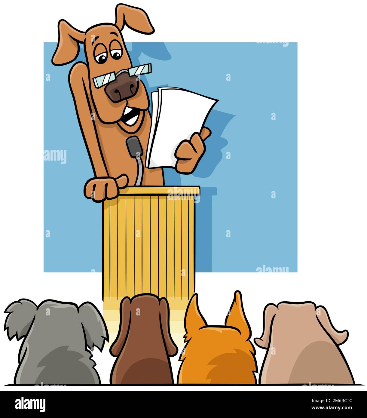 Cartone animato cane che dà un discorso dal rostro Foto Stock