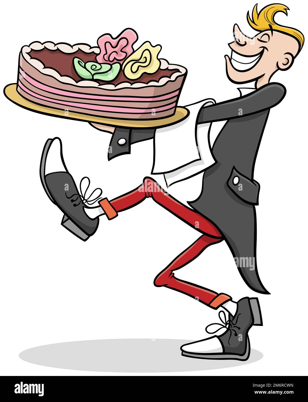 Cameriere di cartone animato che serve una grande torta Foto Stock