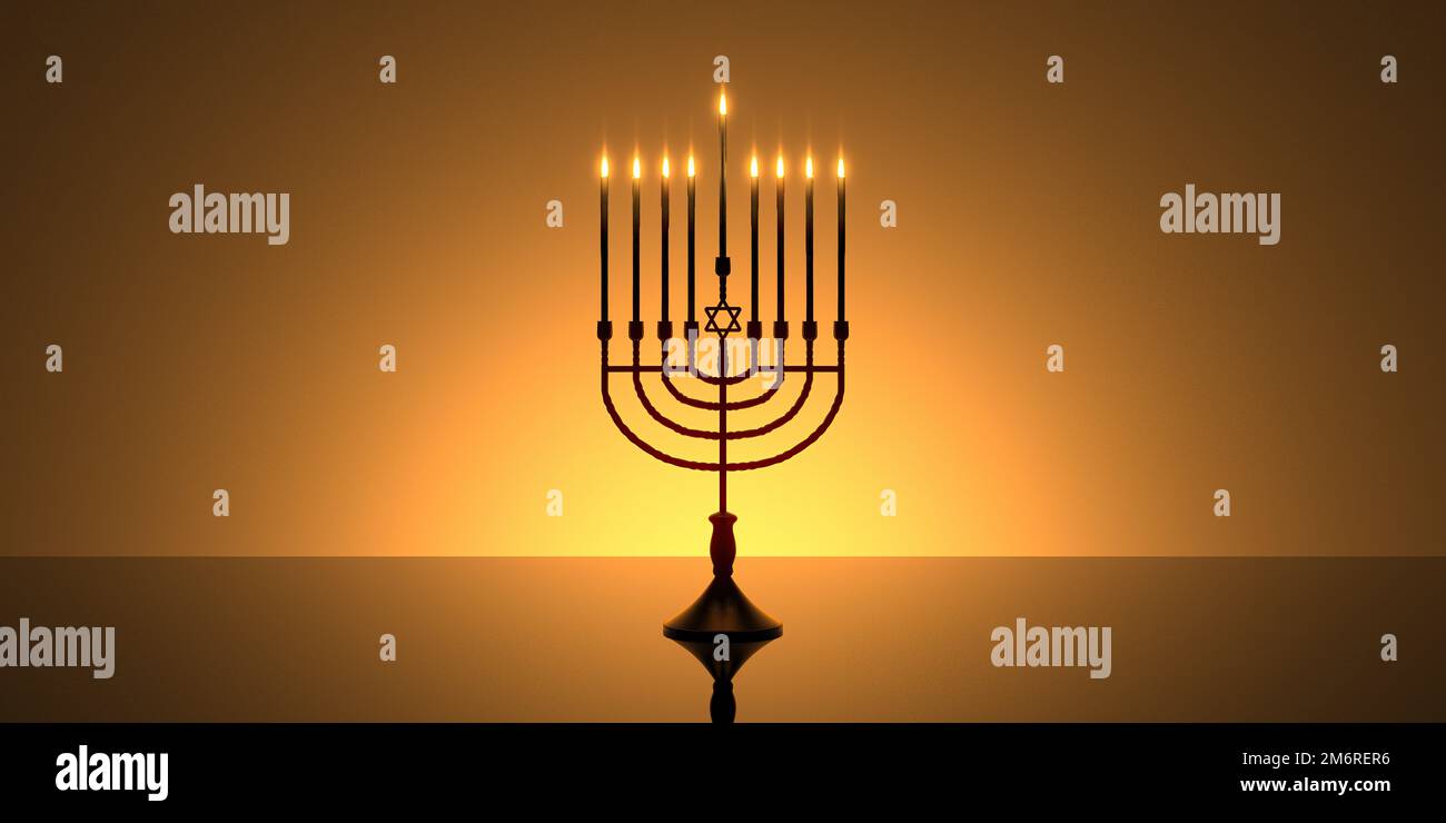 3D immagine resa della vacanza ebraica sfondo Hanukkah con menorah (candelabro tradizionale) e candele brucianti Foto Stock