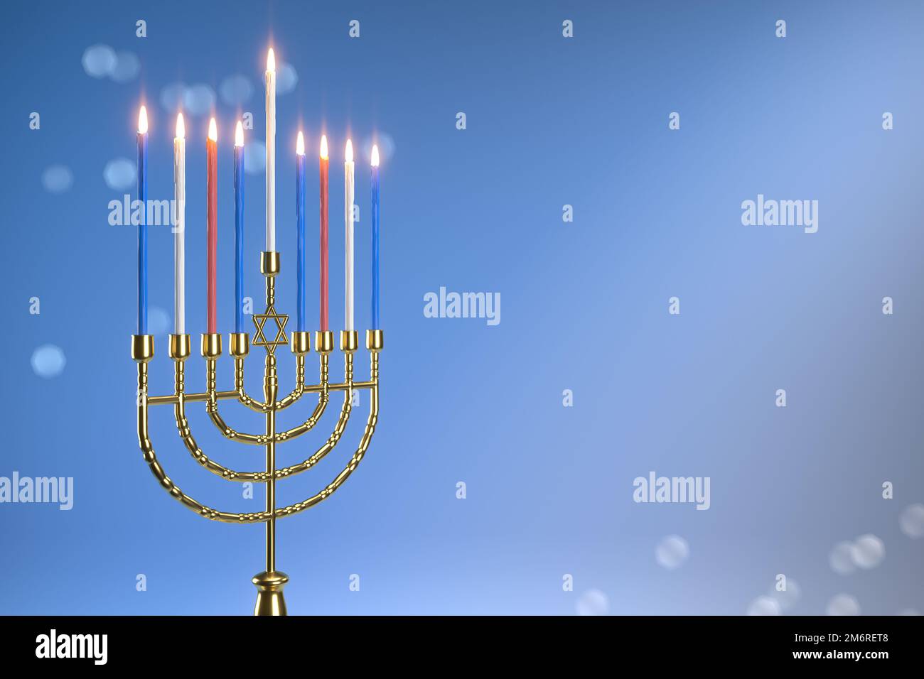 3D rendering immagine della vacanza ebraica Hanukkah con menorah o Candelabra tradizionale su uno sfondo bokeh. Foto Stock