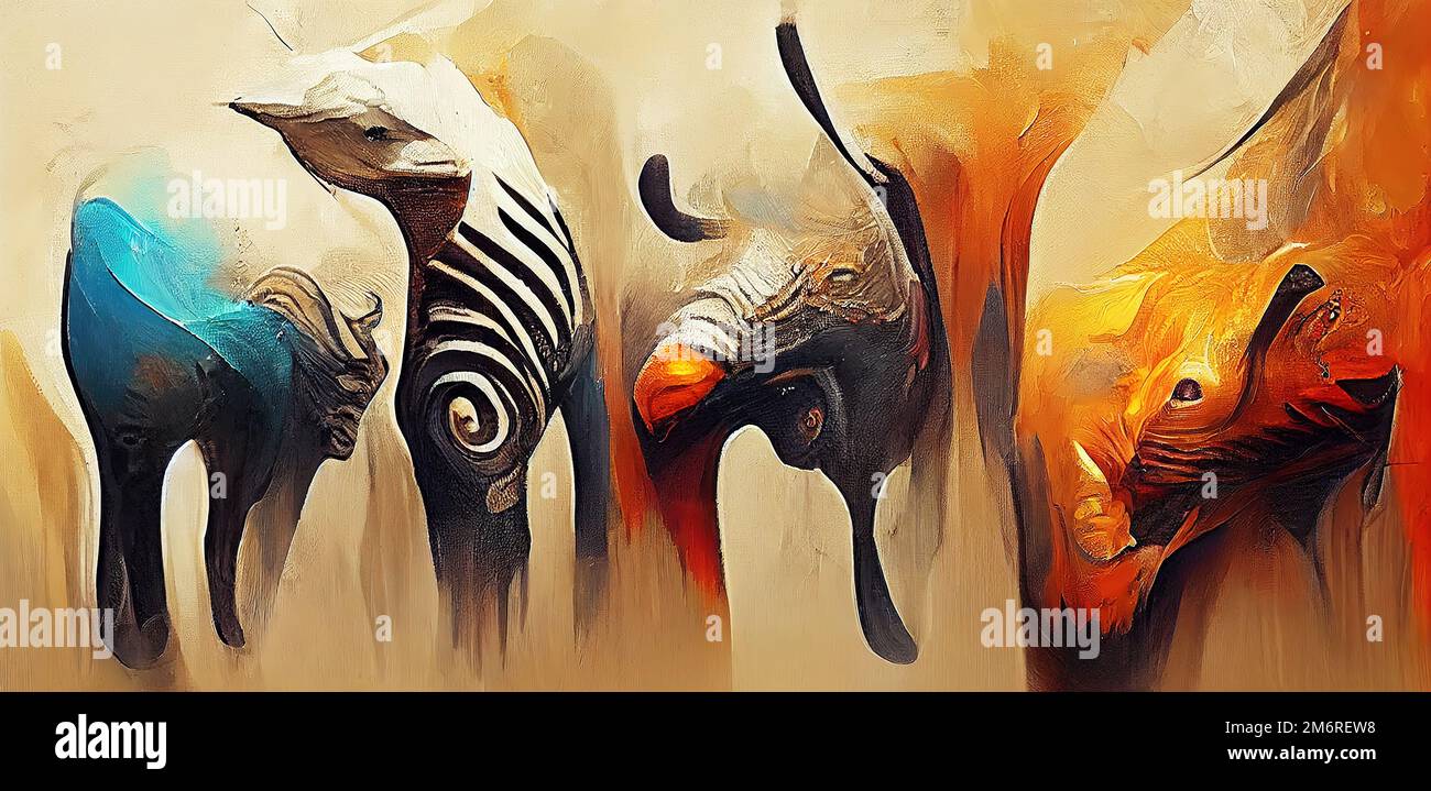 Figure surreali di un animale africano. Paintin associativo .gIllustrazione di pittura di imitazione. Illustrazione digitale basata su rend Foto Stock