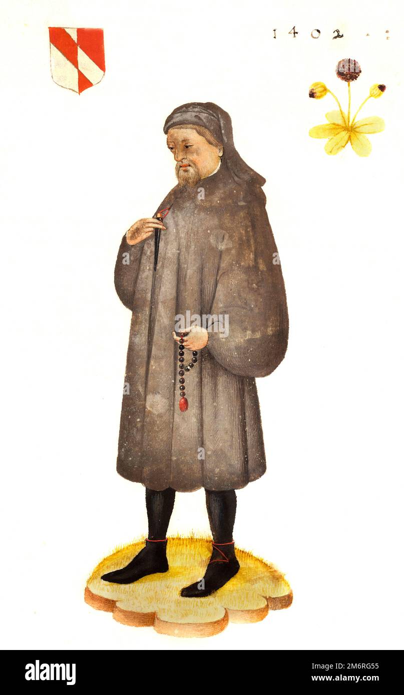 Chaucer. Ritratto dell'autore dei Canterbury Tales, Geoffrey Chaucer (ca. 1340s-1400), da 'Ritratto e vita di Chaucer', ca. 1600 Foto Stock