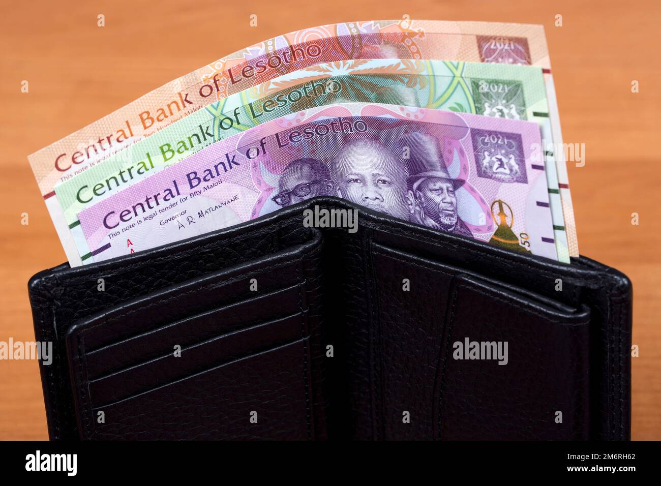Banconote del Lesotho nel portafoglio nero Foto Stock