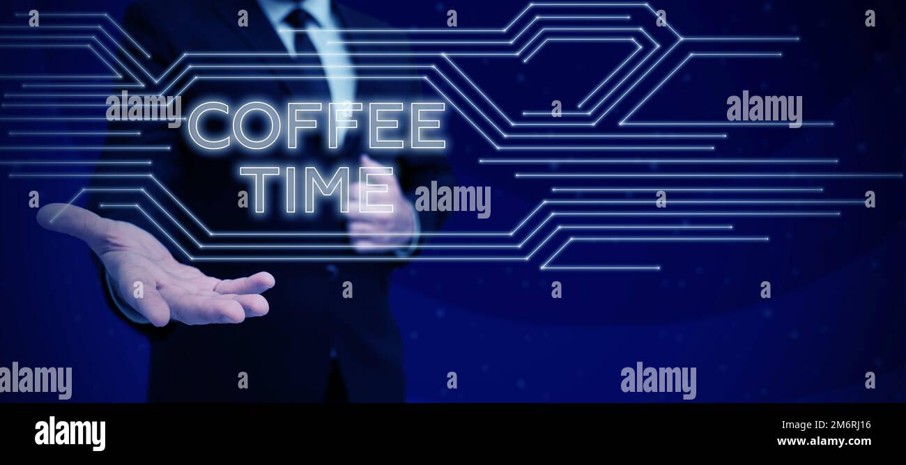 Scrittura a mano del testo Coffee Time. Vetrina di affari un breve periodo di tempo in cui si smette di lavorare per riposare Foto Stock