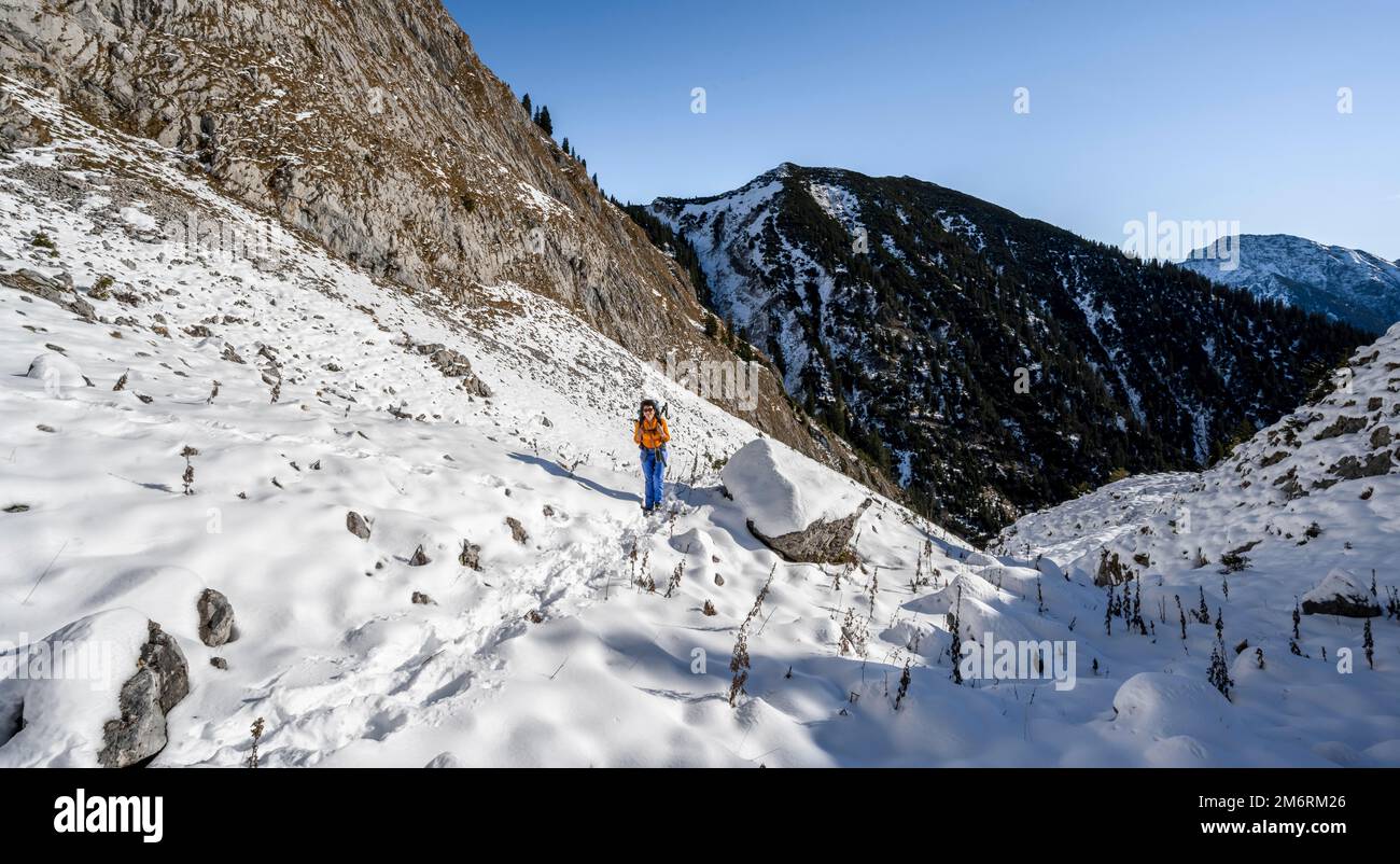 Alpinista su sentiero escursionistico in inverno con la neve, sentiero per Ammergauer Hochplatte, Alpi Ammergau, Baviera, Germania Foto Stock