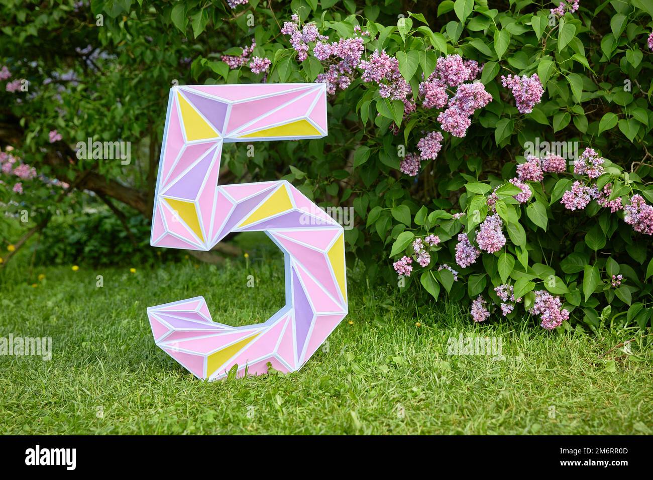 Statuetta volumetrica per un compleanno su sfondo verde naturale con fiori di erba e lilla. Foto Stock