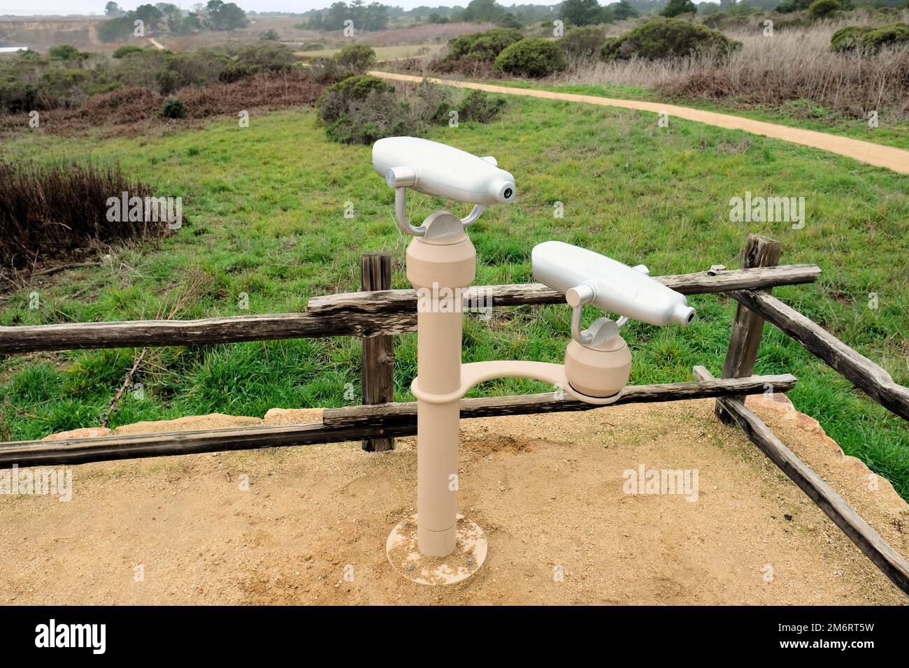 Due macchine di visualizzazione Hi-Spy sono dotate di telescopi non a gettoni presso la Año Nuevo state Reserve nella contea di San Mateo, California, a disposizione dei visitatori. Foto Stock