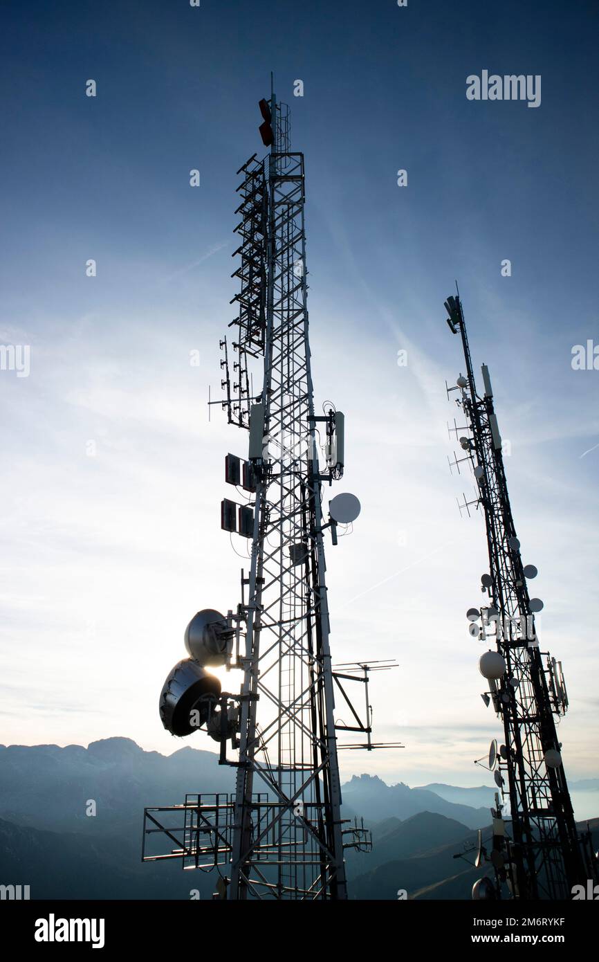 Documentazione fotografica di antenne di telecomunicazione e scambio di dati Foto Stock