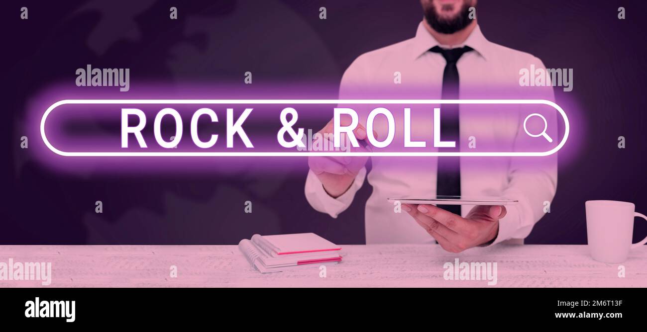 Didascalia testo con Rock Roll. Business concept genere musicale tipo di musica da ballo popolare suono heavy beat Foto Stock