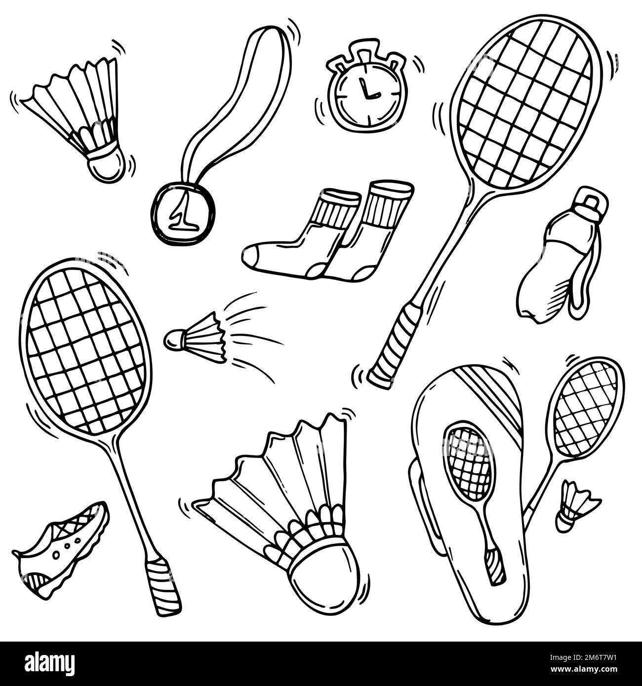 Set di icone di Badminton Doodle. Illustrazione vettoriale dello sport primaverile. Illustrazione Vettoriale