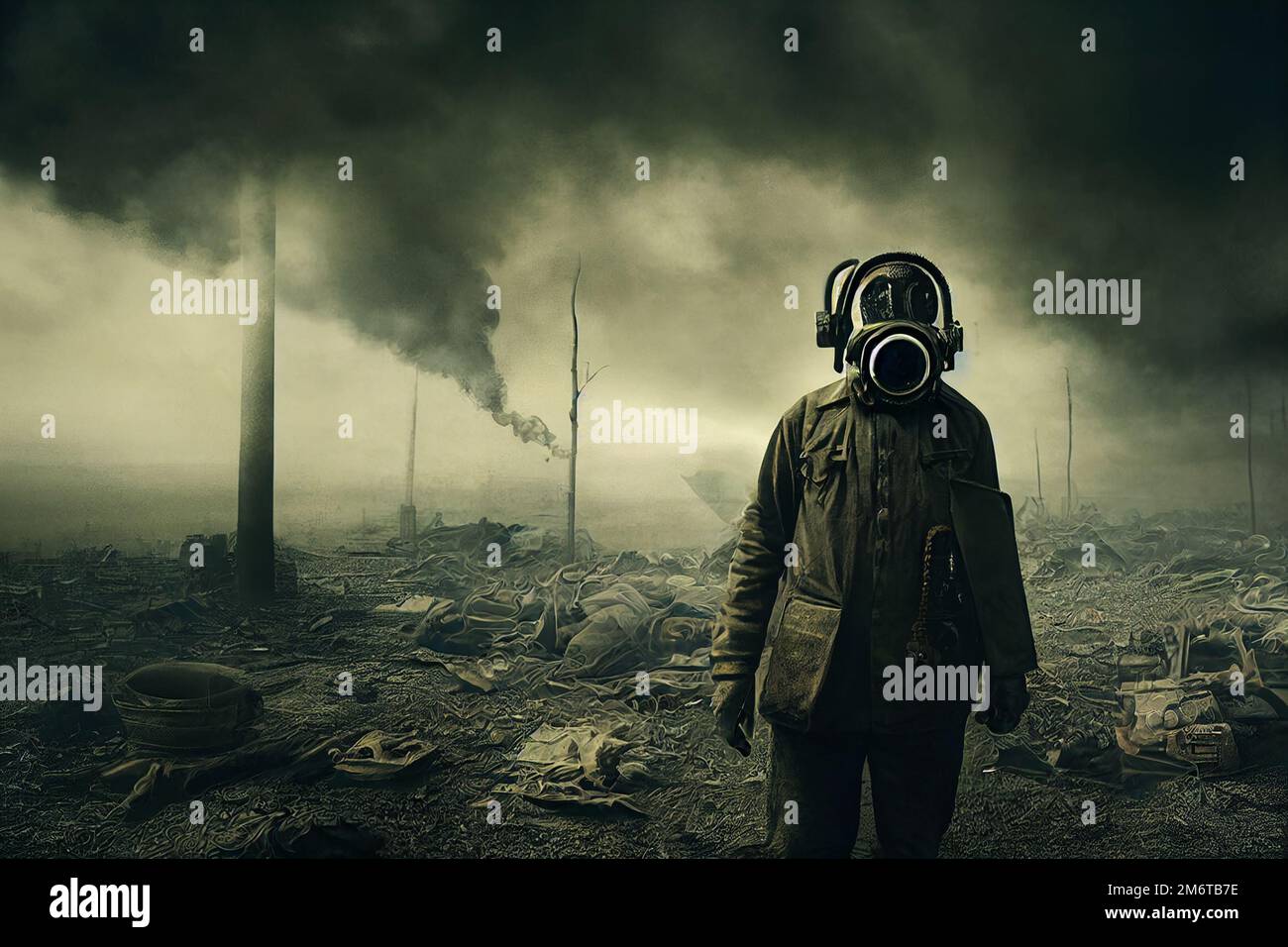 Uomo con maschera a gas in ambiente apocalittico post-bellico Foto Stock
