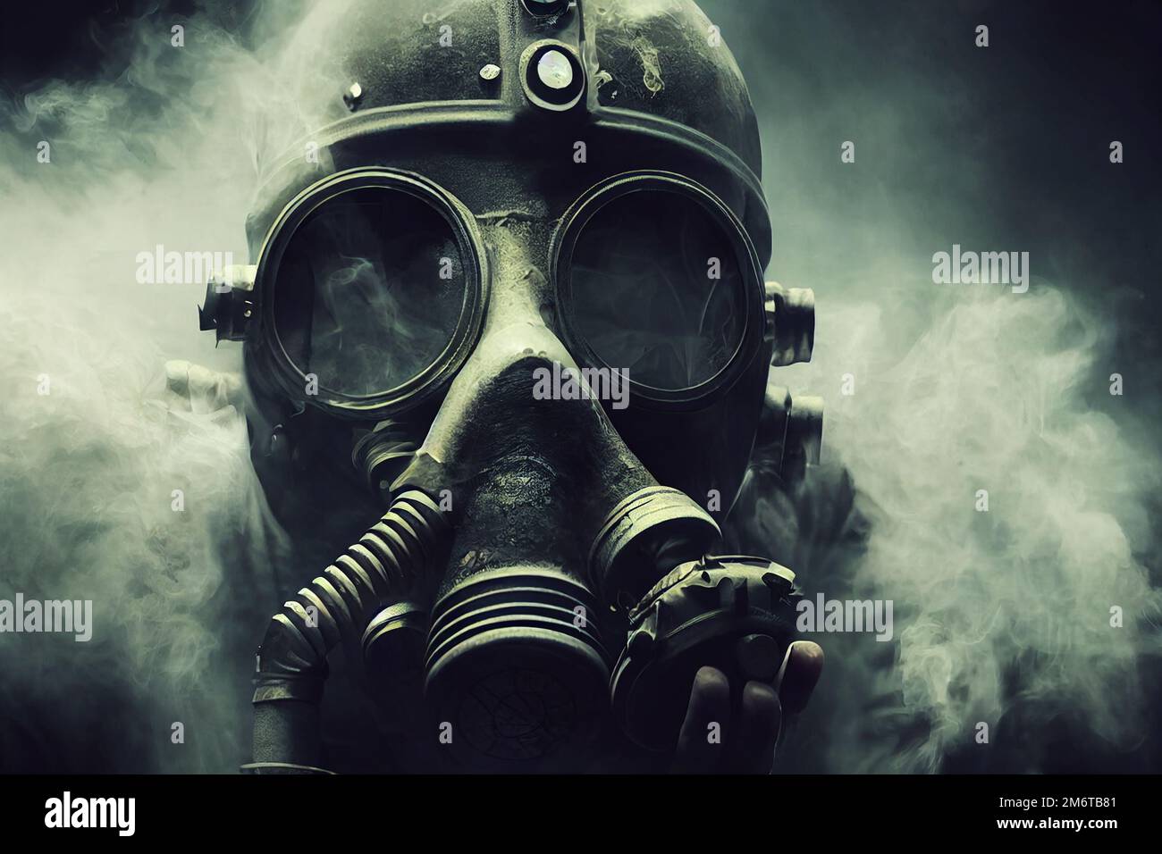 Uomo con maschera a gas in ambiente apocalittico post-bellico Foto Stock