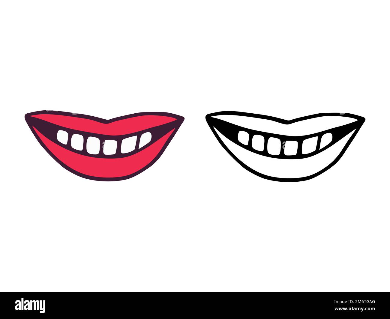 Bocca o labbra con denti in stile cartoon e contorno isolato su sfondo bianco. Sorridi la clip art Foto Stock