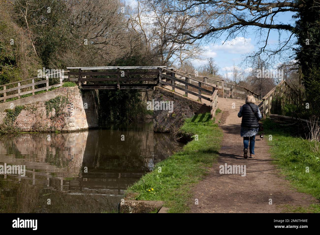 donna che cammina sul torreggiato passando ponte sul fiume wey pirford surrey inghilterra Foto Stock