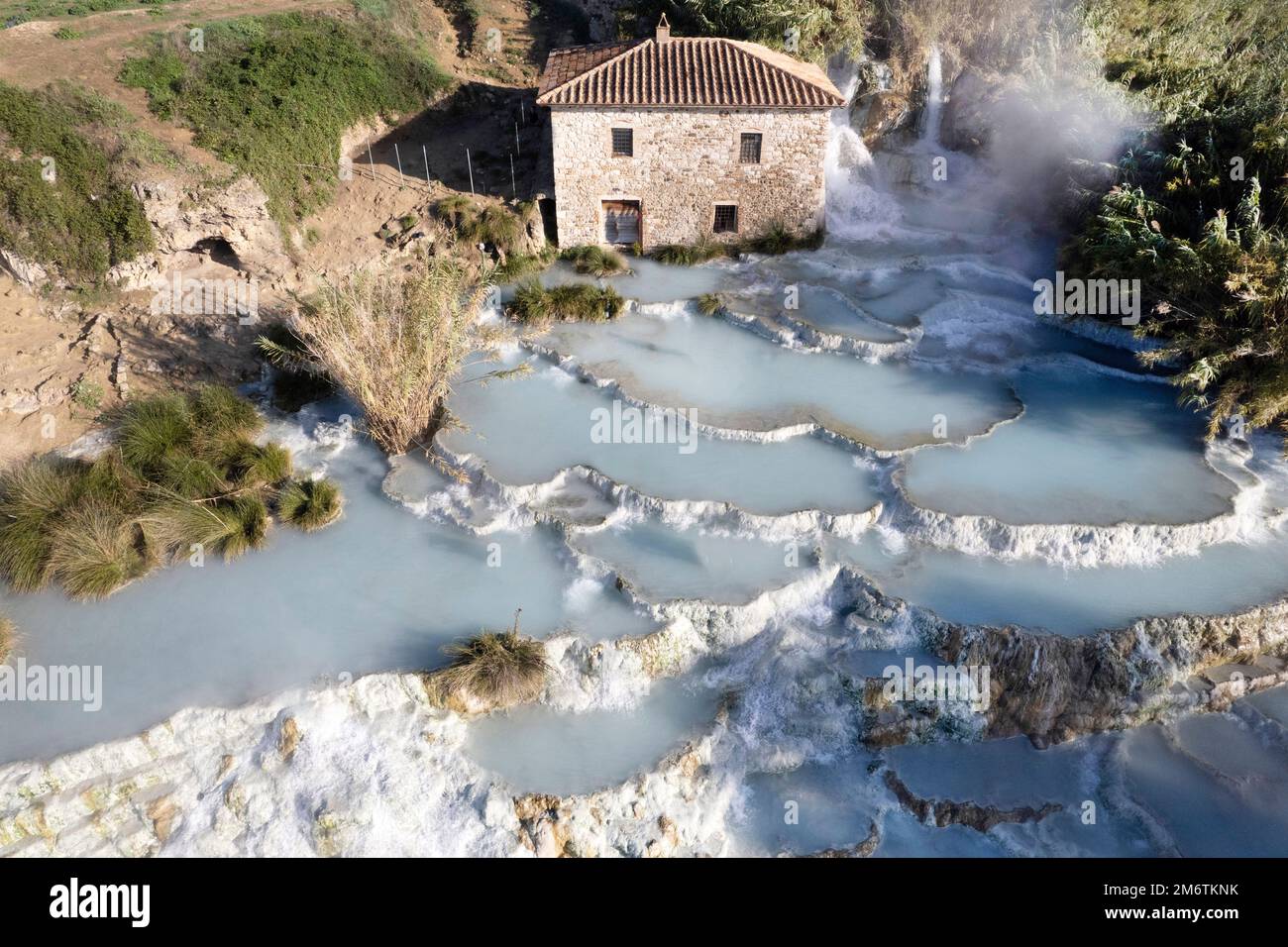 Veduta aerea delle terme gratuite di Saturnia Foto Stock