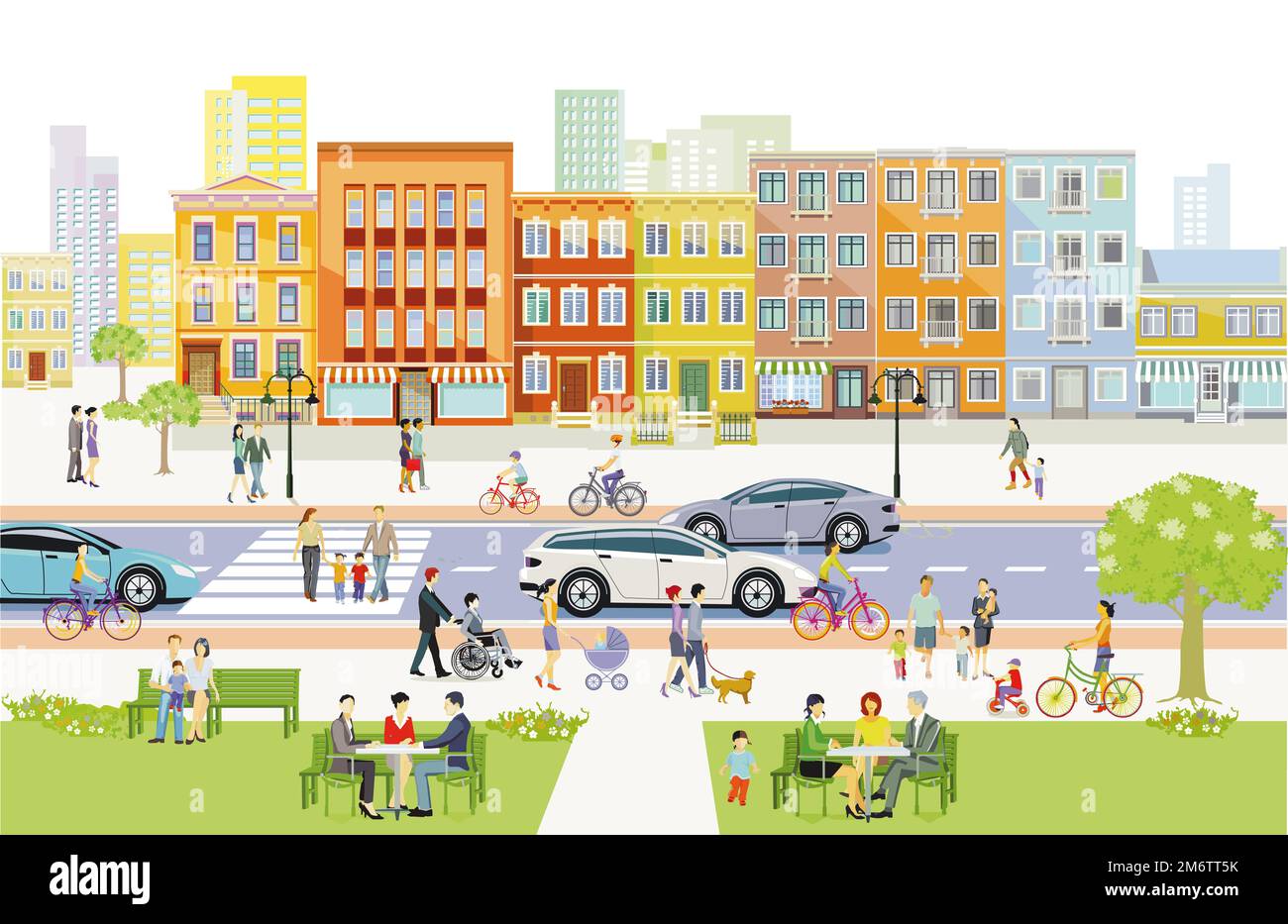 Silhouette della città con pedoni nel quartiere residenziale con parco cittadino, illustrazione Foto Stock