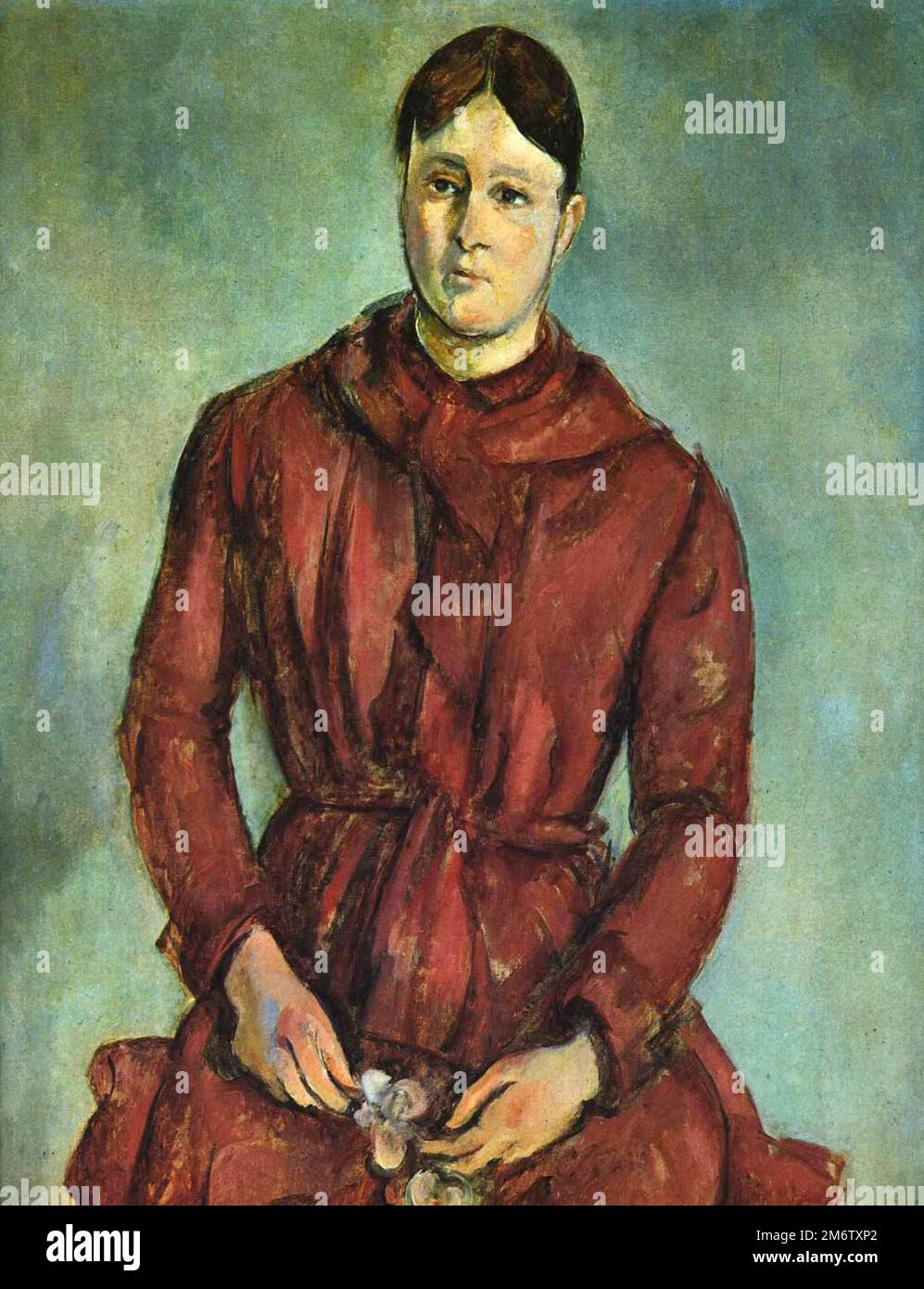 Madame Cézanne (Hortense Fiquet) in un abito rosso dipinto dall'impressionista francese Paul Cézanne nel 1890 Foto Stock