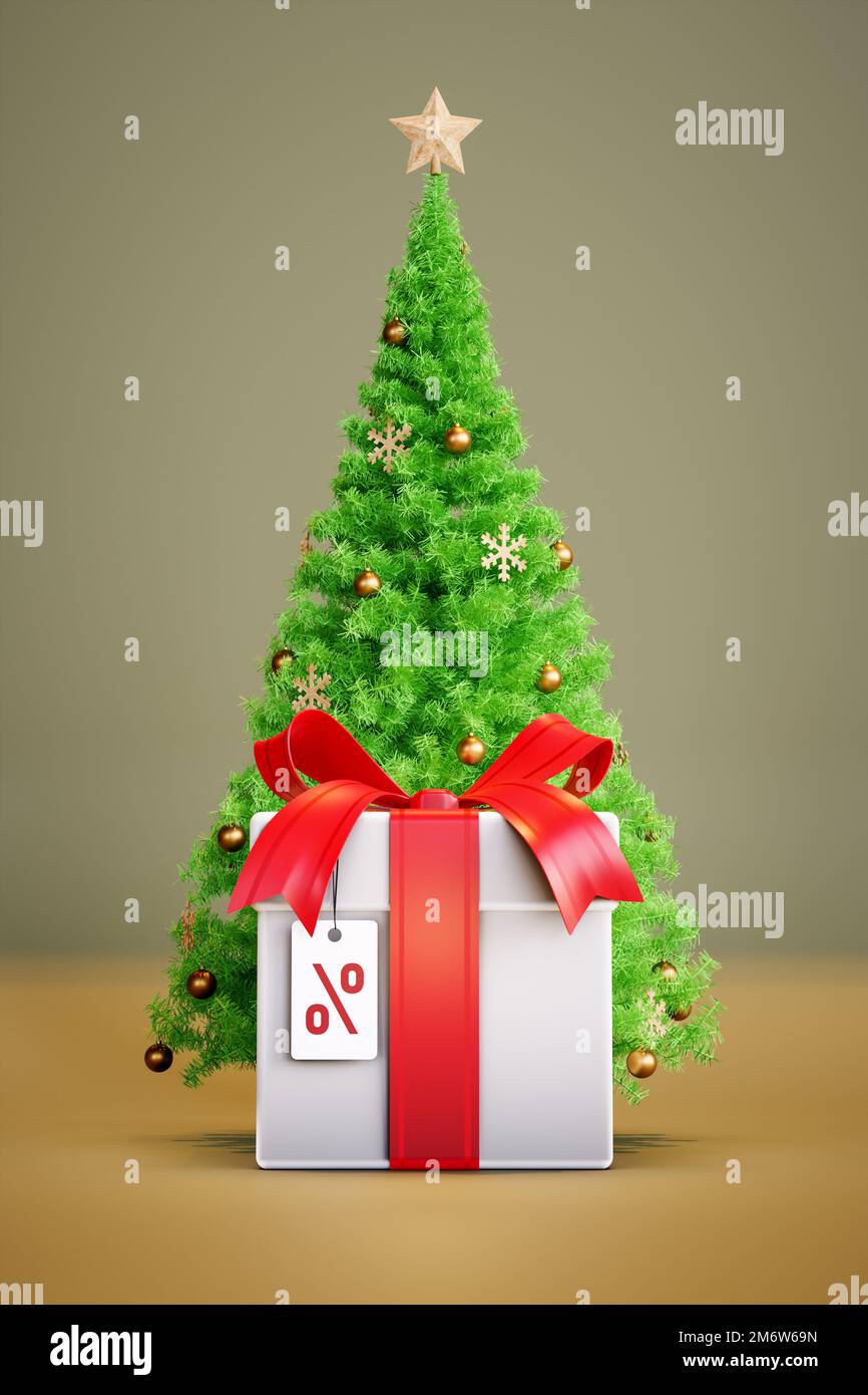 Albero di Natale e regalo con segno di percentuale Foto Stock