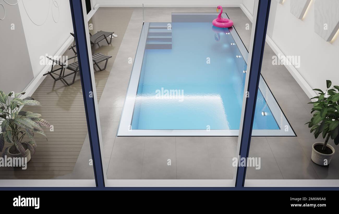 Piscina coperta con fenicotteri Foto Stock