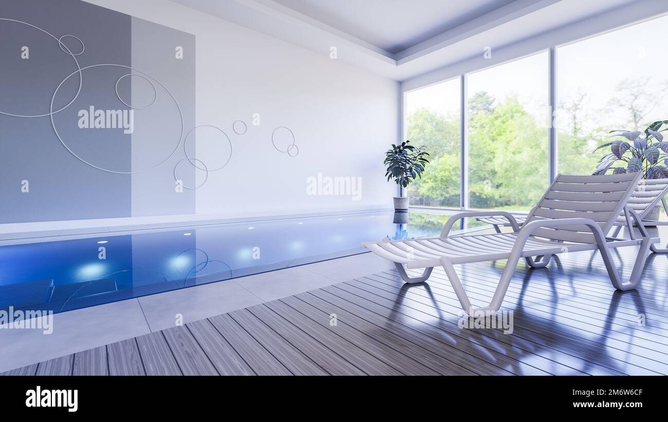 Piscina coperta privata con lettini Foto Stock