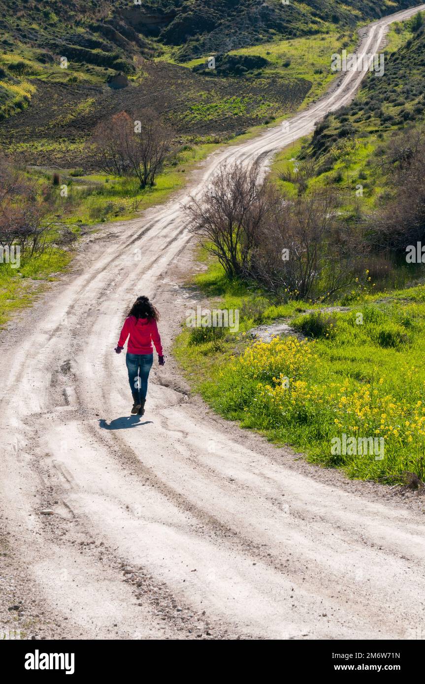 Donna solitaria che cammina nella strada rurale. Persone escursionismo in natura. Stile di vita sano Foto Stock