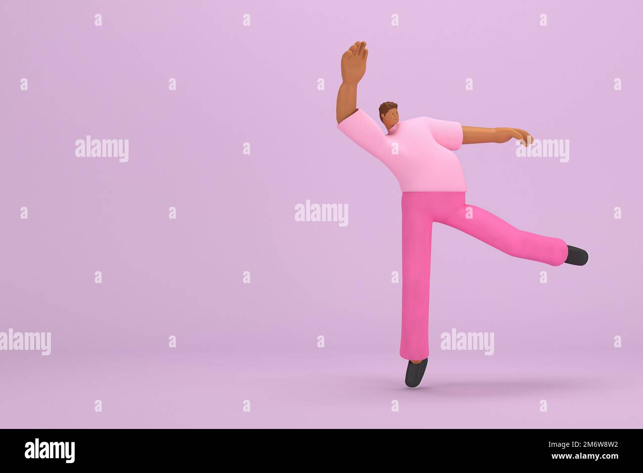 L'uomo nero con abiti rosa. Sta facendo esercizio fisico. 3d illustratore del personaggio dei cartoni animati in recitazione. Foto Stock