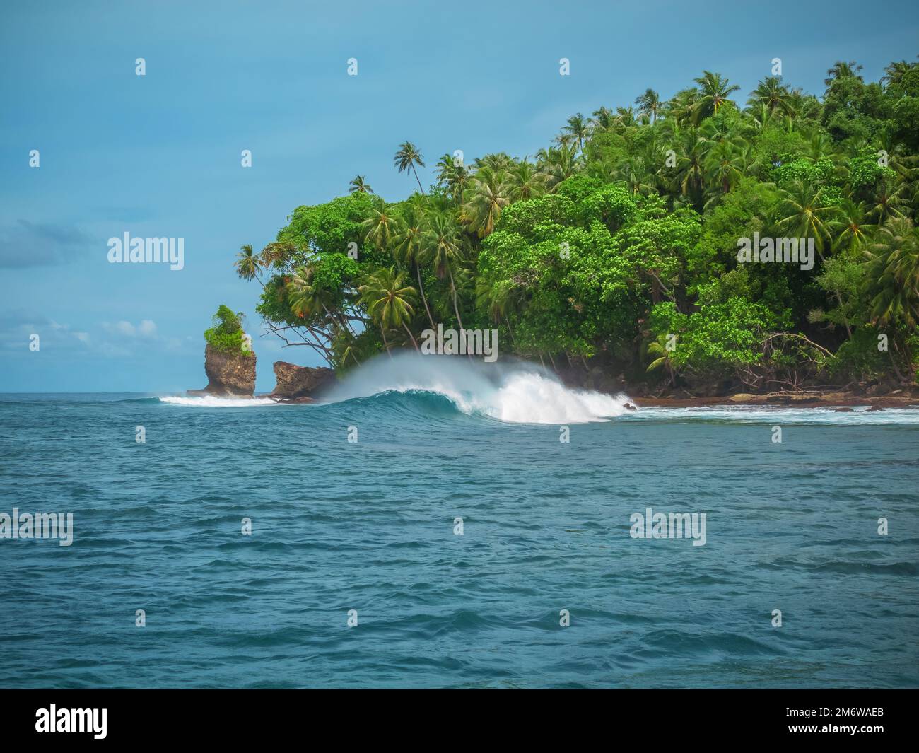 Ondate che si rompono lungo la spiaggia di un'isola tropicale Foto Stock