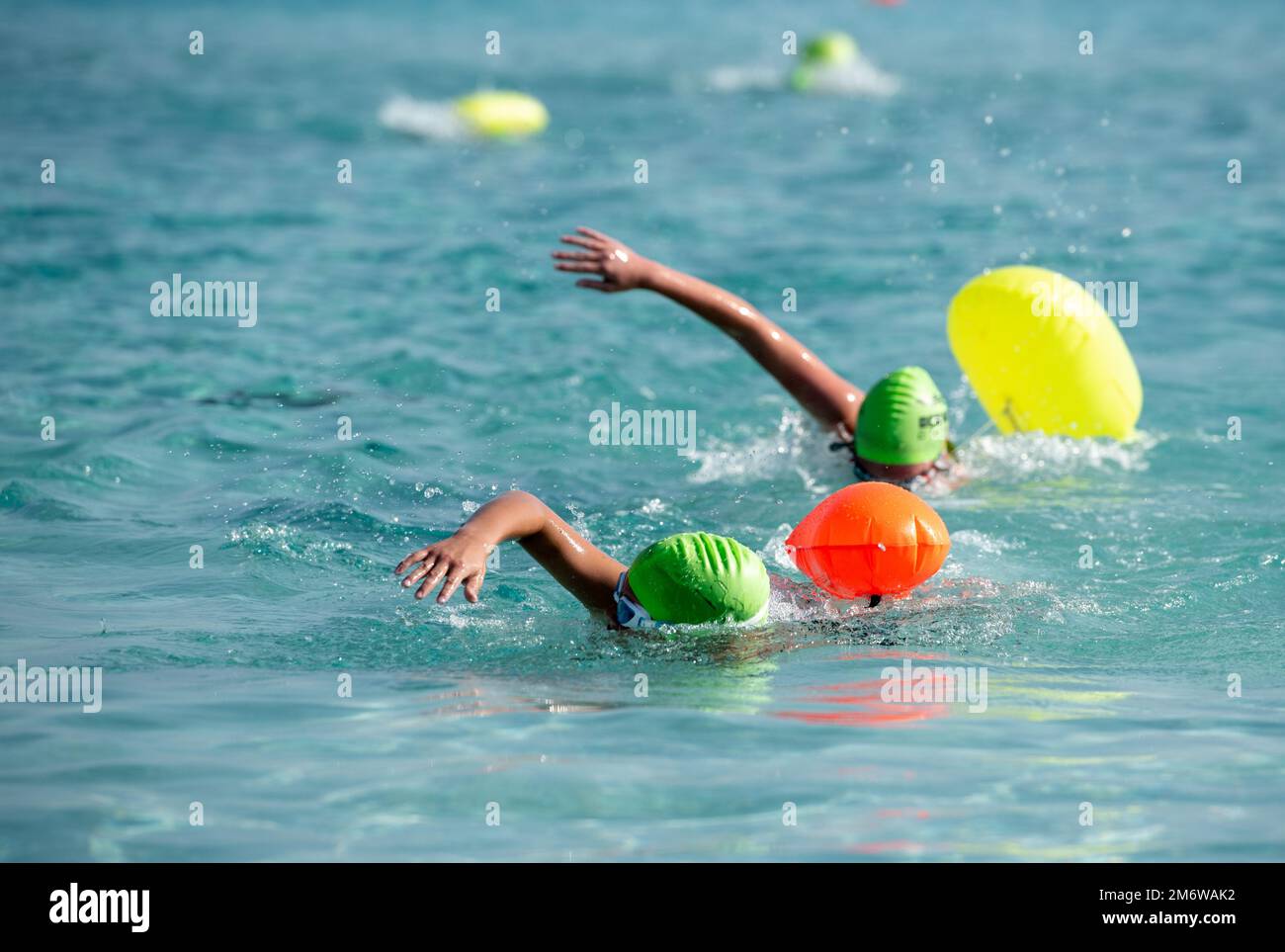 Gli atleti che nuotano in stile libero nel concorso SEA Racing. Nuotatore nell'oceano Foto Stock