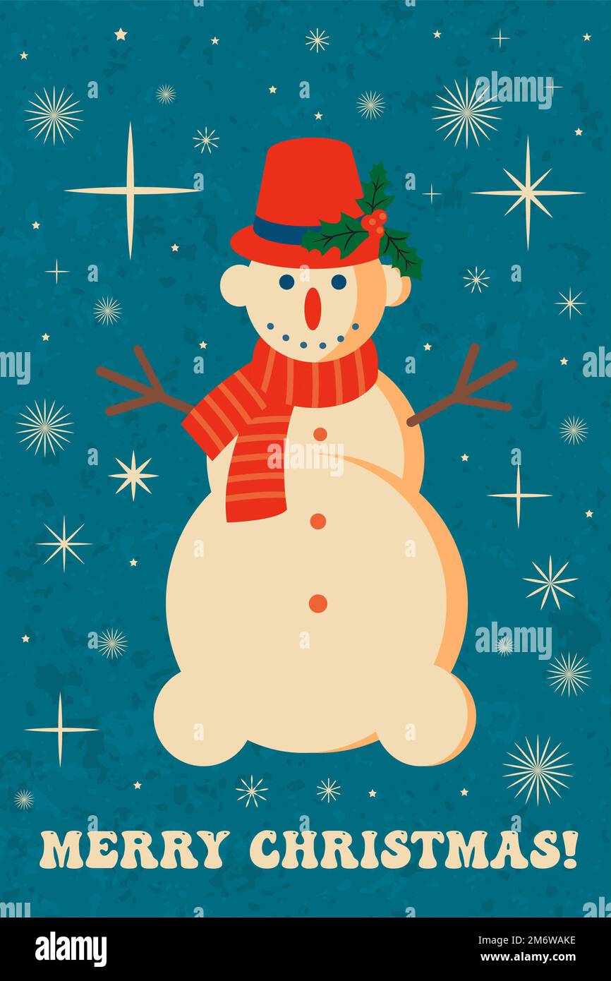 Biglietto di Natale con pupazzo di neve. Illustrazione in stile retrò Foto Stock