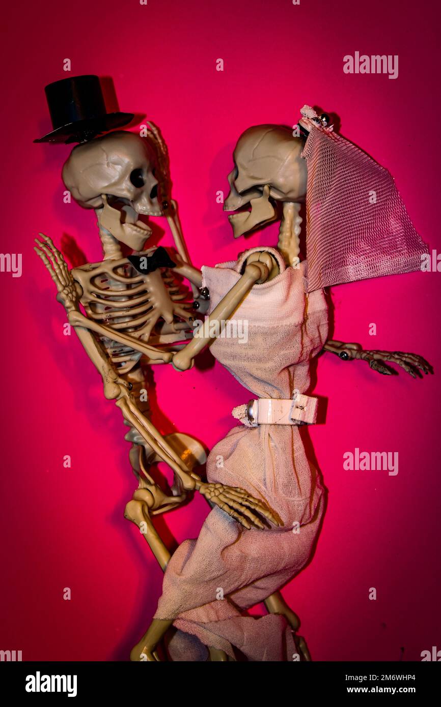 Felice sposato coppia scheletro ballare la loro notte di nozze Foto Stock