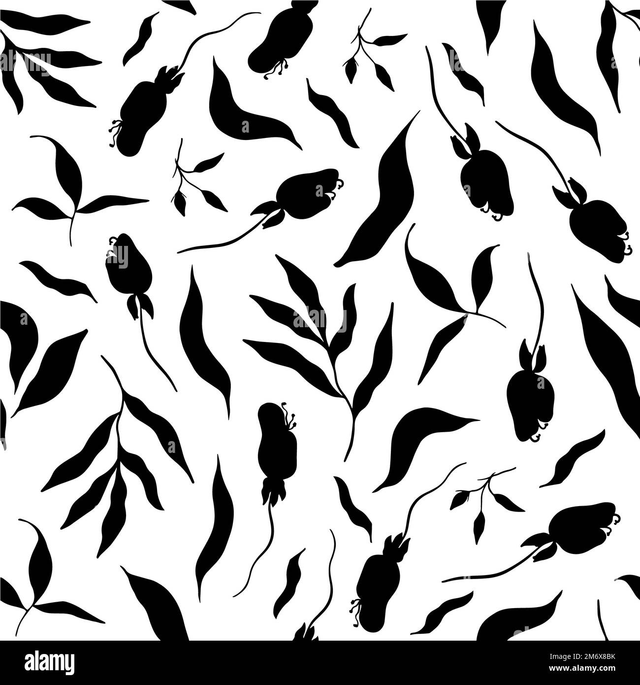 Foglie nere e fiori senza cuciture motivo Foto Stock