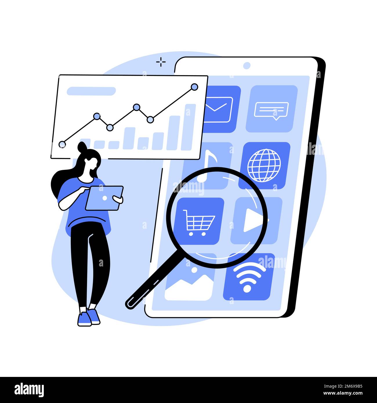 Illustrazione vettoriale del concetto astratto di ottimizzazione dei media mobili. Ottimizzazione del commercio mobile, strategia SEO, canale di comunicazione mirato, reattivo Illustrazione Vettoriale