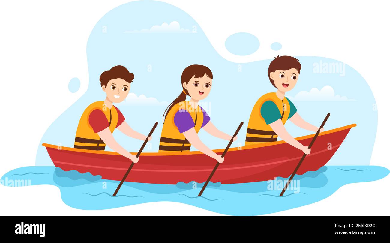 Persone che si godono Rowing Illustration con canoa e vela sul fiume o sul lago in Active Water Sports Flat Cartoon modello disegnato a mano Illustrazione Vettoriale