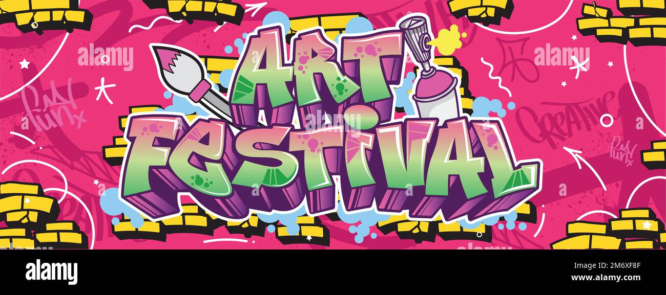 Art Festival sfondo colorato testo graffiti. Muro art design per poster, e sfondo. Il luminoso stile graffiti in stile polivalente Illustrazione Vettoriale