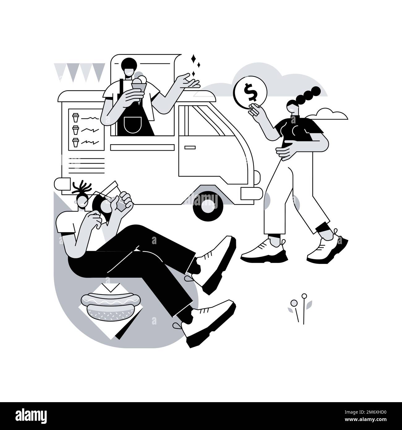 Street food festival astratto concetto di illustrazione vettoriale. Servizio di camion, evento alimentare locale, attività all'aperto, chef preparare pasti, internazionale m Illustrazione Vettoriale
