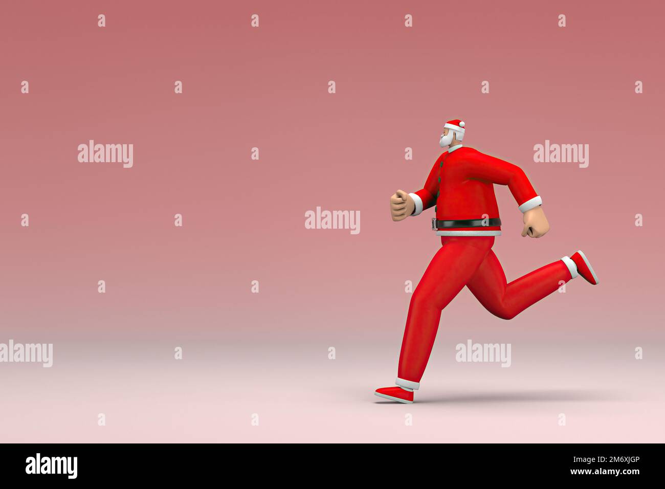 Un uomo che indossa il costume di Babbo Natale sta correndo. 3d rendering del carattere cartoon in recitazione. Foto Stock