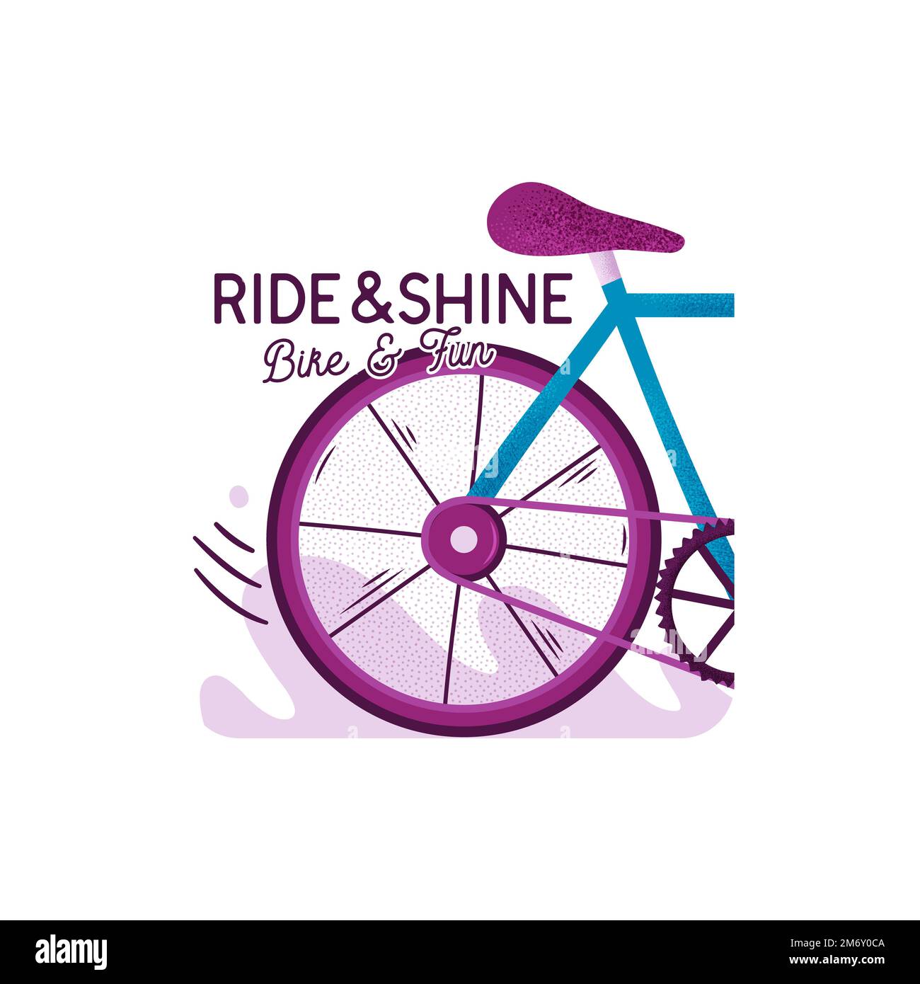Illustrazione in stile piatto del logo grafico stampato e modello di T-shirt con bicicletta e iscrizione Ride and Shine Bike and Fun. Foto Stock