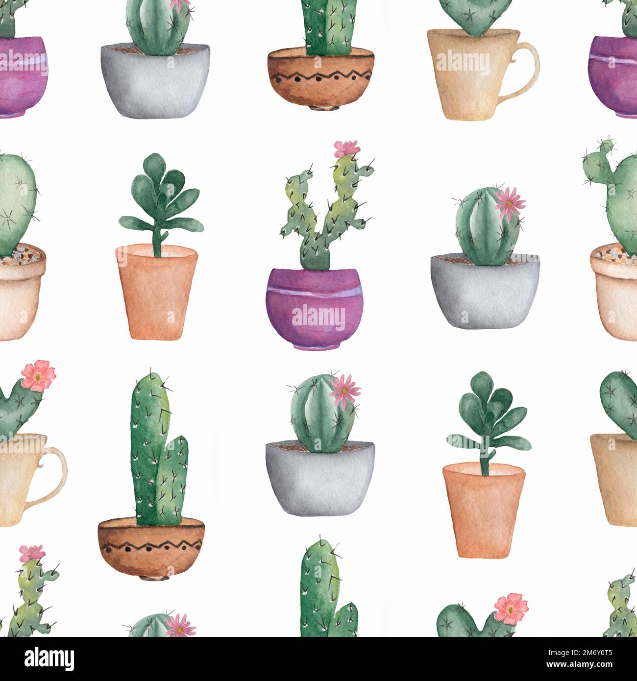 Acquerello senza cuciture Cactus flower pattern.fondo disegnato a mano con cactus e succulenti nel vaso. Verde casa piante nei diversi colori pentole Foto Stock