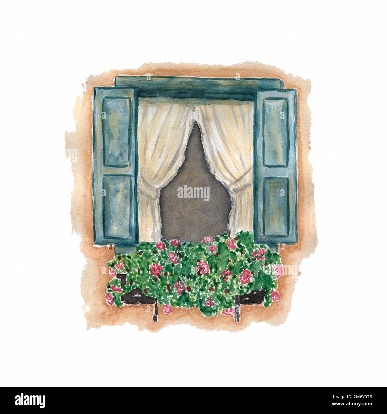 Bella finestra aperta con fiori di rose in fiore. Illustrazione dipinta a mano in acquerello. Finestra tradizionale in vecchio stile in acquerello con fiori in vaso Foto Stock
