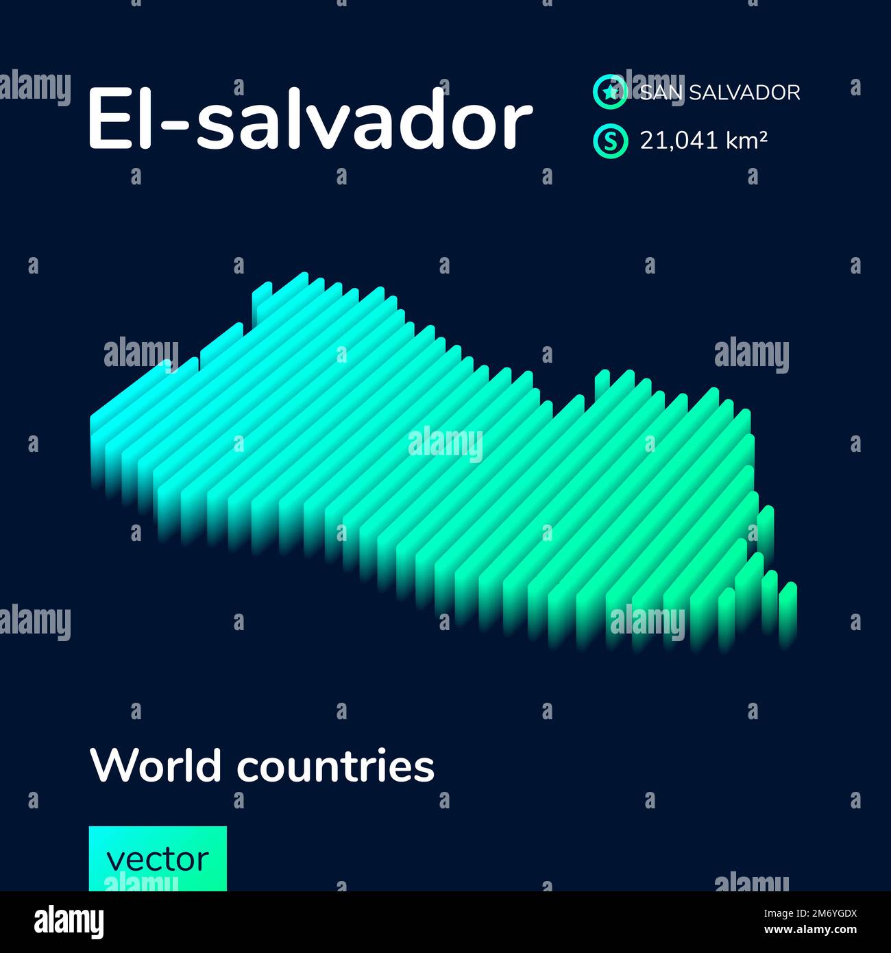 Mappa vettoriale digitale al neon isometrica a strisce El-salvador con informazioni sul paese. Poster geografico, banner di El-salvador Illustrazione Vettoriale