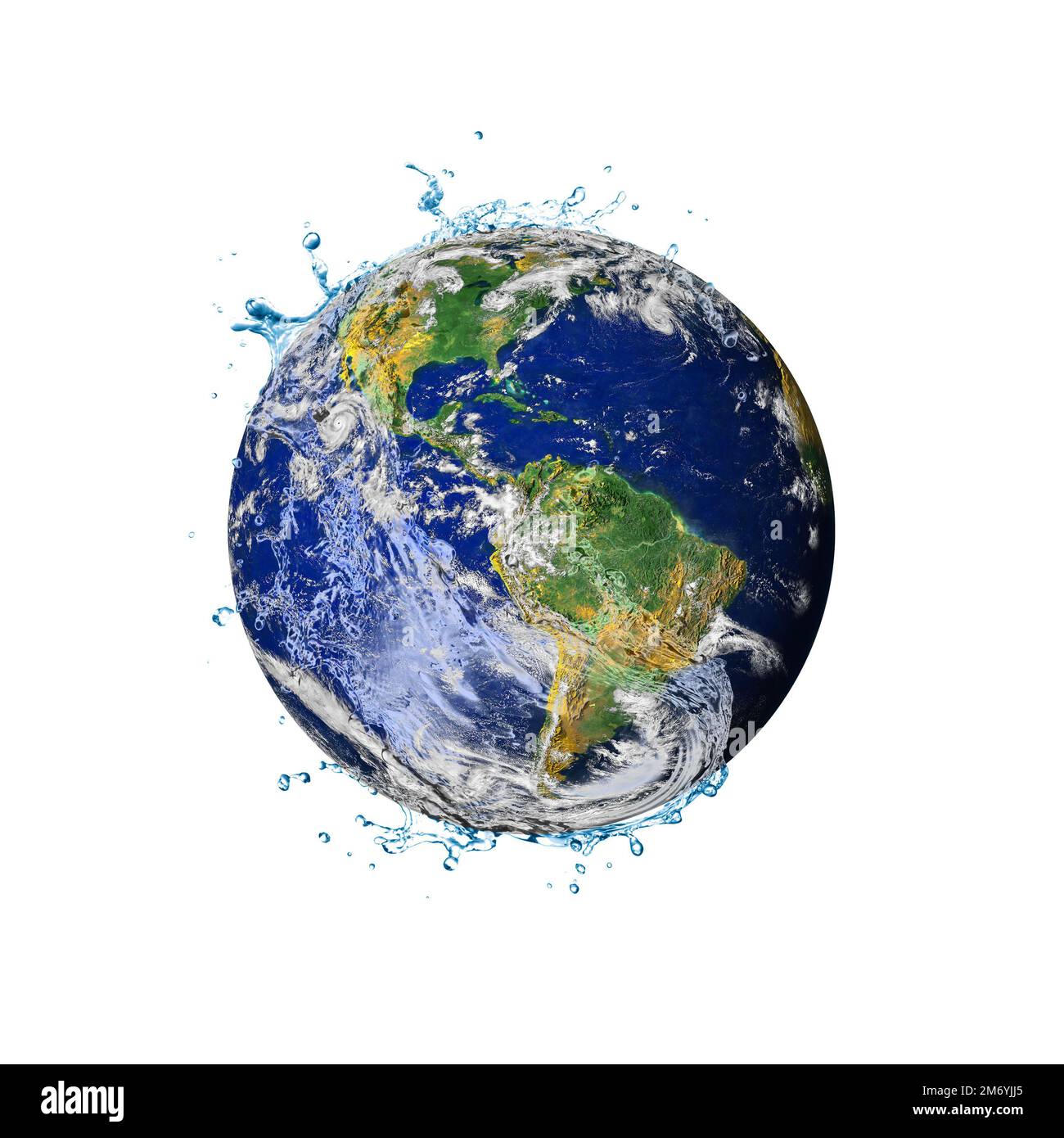 L'acqua ricicla sul mondo. Concetto di scarsità d'acqua sulla terra isolato su sfondo bianco. Giornata della Terra o concetto di Giornata Mondiale dell'acqua. Elementi di questa immagine Foto Stock